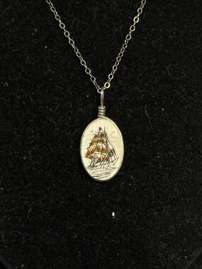 Sterling Silver Sailing Ship Scrimshaw Pendant Necklace